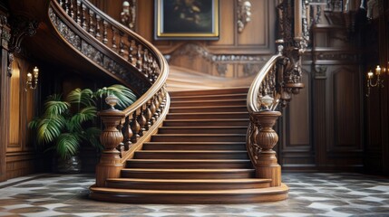 A grand, sweeping wooden staircase in a luxurious interior, with ornate carvings and a checkered floor.