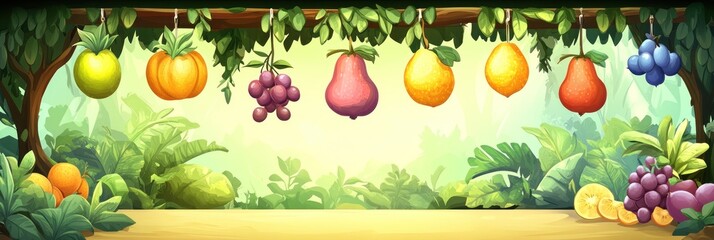 A vibrant assortment of hanging fruits against a lush, green background.