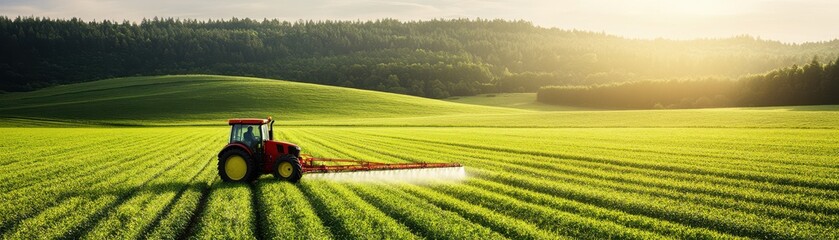 Fototapeta premium A vibrant tractor works in a lush green field, showcasing agriculture at sunrise. Ideal for farming and rural themes.
