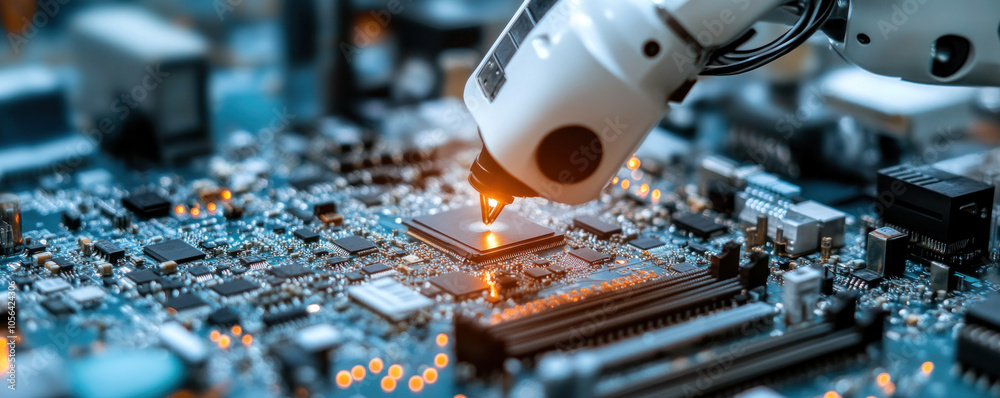 Poster a robot is working on a circuit board, with a light on the robot's head. the robot is focused on its