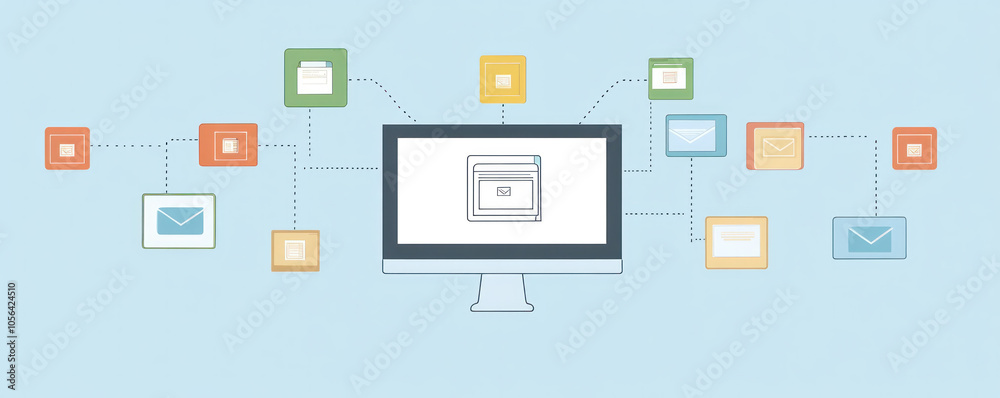 Poster a computer monitor with many emails and other icons on it. the idea of the image is that of a busy w