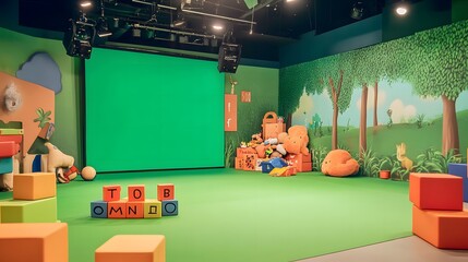 playful, vibrant studio with a greenscreen and colorful decorations such as alphabet blocks and soft toys. The room is well-lit and inviting, perfect for children’s educational shows or fun, interacti