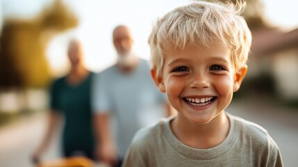 A cheerful child with bright eyes is captured smiling directly at the camera in a close-up shot with a blurred background, evoking joy and innocence in the scene.