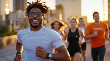 A young man with glasses sprints with a group in an energetic city run, embodying youthfulness and determination amid an urban backdrop in daylight.