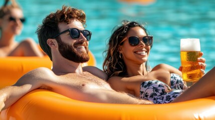 A relaxed couple in sunglasses lounges in a sunny pool on orange floats, sipping beer and reveling in leisure, embodying the carefree spirit of summer.