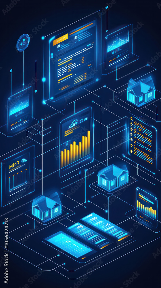 Poster a blue and white image of a computer screen with many different icons and windows. the image is of a