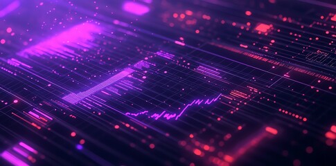 Fototapeta premium Abstract digital background with glowing lines, graphs, and data in purple and red hues.