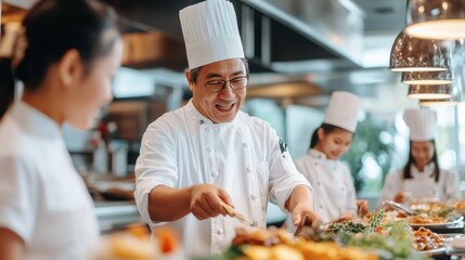 A happy chef with team members around him skillfully plating dishes with an array of vibrant foods, showcasing culinary expertise and teamwork.