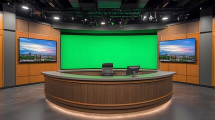 modern news studio with an anchor desk in the foreground and a large greenscreen wall behind it. LED panel lighting creates an even