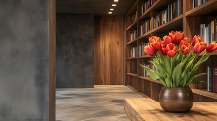 Minimalist library space with rustic concrete walls and smooth stone flooring, ideal for serene interiors