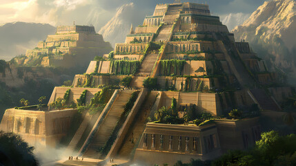The hanging gardens of babylon at down. the gardens were one of the seven wonders of the ancient world listed by hellenic culture. Sumerian Ziggurat. Illustration