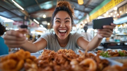 A cheerful woman enjoys a meal at a vibrant street food market, holding her smartphone with a selection of delicious fried foods in the foreground.