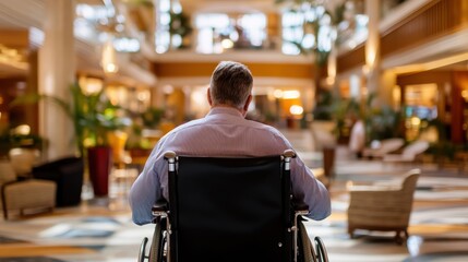 A rear view captures a man in a wheelchair sitting alone in a spacious, modern hotel lobby, with sunlight streaming through large windows, illuminating the elegant setting.
