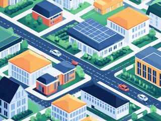 Aerial illustration of a modern neighborhood with colorful houses, streets, and solar panels highlighting urban landscaping.