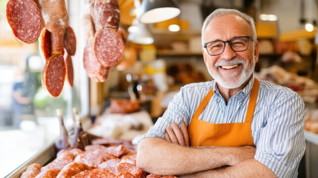 A smiling, friendly butcher wearing a striped shirt and orange apron stands in a deli, showcasing a tempting array of cured meats including salami and prosciutto.