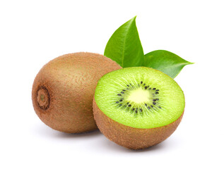 Kiwi fruit with cut in half isolated on white background.
