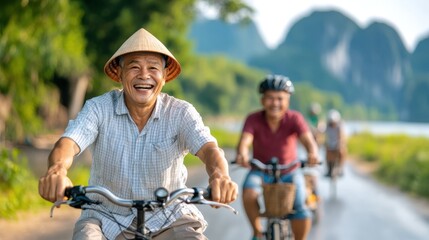 Obraz premium A joyful elderly man is biking with friends in a picturesque countryside setting, wearing a traditional hat, emphasizing active lifestyle and happiness in old age.