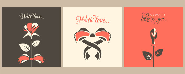 Valentine background set. Trendy greeting cards for Valentine's day. Romantic posters with rosebud, cute bow, love text. Modern Gorizontal backgrounds Vector flat illustration for 14 February holiday