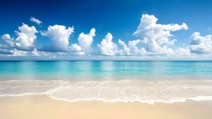 Fototapeta premium Serene beach with soft white sand and calm turquoise ocean, perfect for relaxation backgrounds
