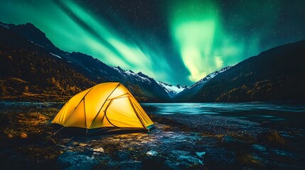 A glowing yellow camping tent under a beautiful green northern lights aurora. Travel adventure landscape background. Photo composite. 