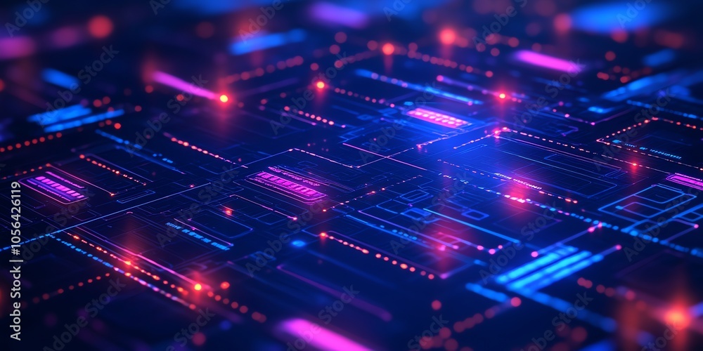 Poster abstract digital circuit board with glowing lines and dots in blue, pink and red.