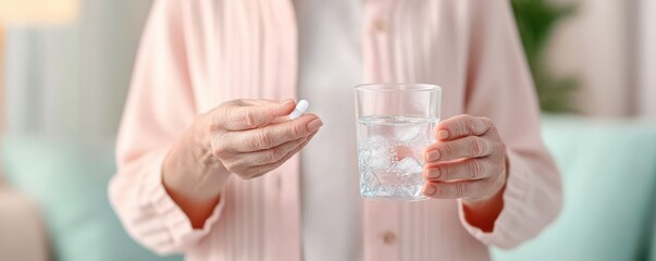 An elderly woman holding a glass of water and a pill, showcasing medication routine and healthcare at home.