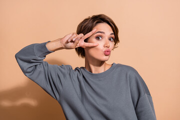 Photo portrait of lovely young lady show v-sign face pouted lips photo posing wear trendy gray...
