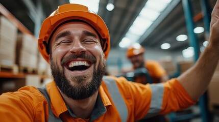 A worker in an orange helmet and uniform laughs heartily, creating a joyful atmosphere in the warehouse setting, highlighting camaraderie and happiness.
