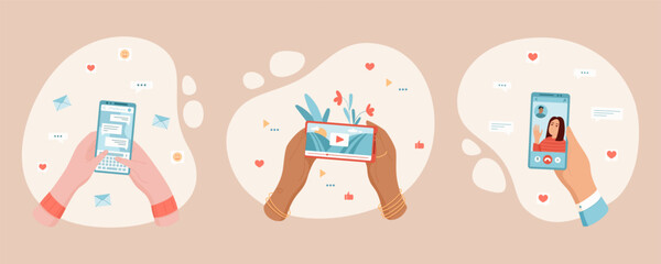 User holding smartphone for video chat through social app. Engaging in online communication with a friend. Concept of modern technology set, social interaction, and digital lifestyle.