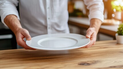 Hands presenting a clean white ceramic plate placed on a wooden table, showcasing simplicity and elegance, often symbolizing hospitality and culinary arts.