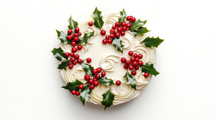 A Christmas cake with white frosting and red berries Christmas ornament white background. Food photography, cake decoration ideas.