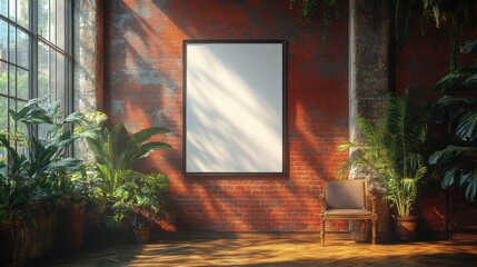 4K mockup of a blank poster hanging on a textured red brick wall with sunlight streaming in.
