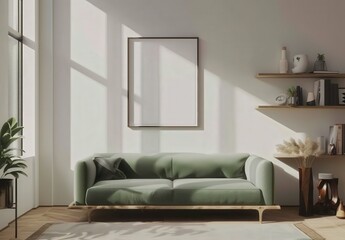 A modern living room interior with a green velvet sofa. a large framed picture. and a wooden shelf with decor Sunlight streams through the window. casting shadows on the floor