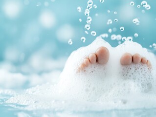 Fototapeta premium Close-up of baby feet submerged in soft, bubbly foam, creating a serene and playful atmosphere in a warm bath.