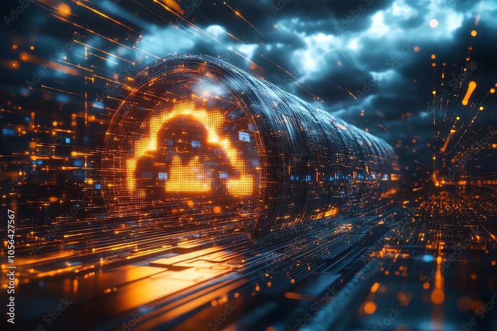 Poster a futuristic tunnel with a glowing cloud symbol at the end, representing the digital world.