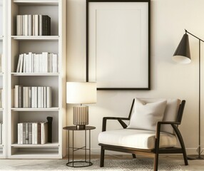 A cozy living room corner with a comfortable armchair. a bookshelf. and a lamp The room is decorated in a minimalist style with light colors There's a blank framed canvas on the wall which makes it pe