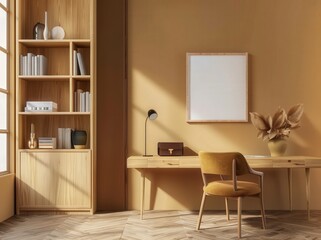 A minimalist home office with a wooden desk. chair. bookshelf. and a blank frame on a warm yellow wall