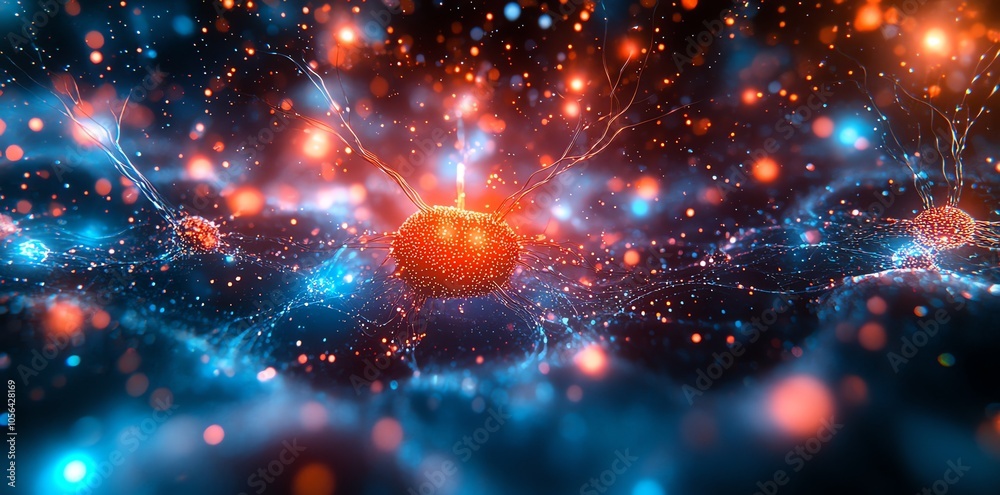 Aufkleber abstract illustration of a neuron with glowing connections and red and blue bokeh.