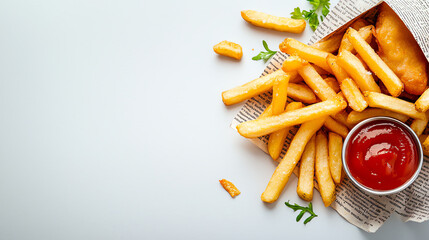 Traditional british fish and chips a culinary delight served on newspaper with a side of ketchup