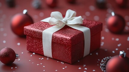 A 3D Christmas gift box with glittery red wrapping and a large white bow.