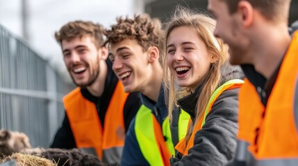 A vibrant group of youngsters donned in brightly colored vests, sporting wide smiles as they engage in a collaborative outdoor project, fostering teamwork and vitality.