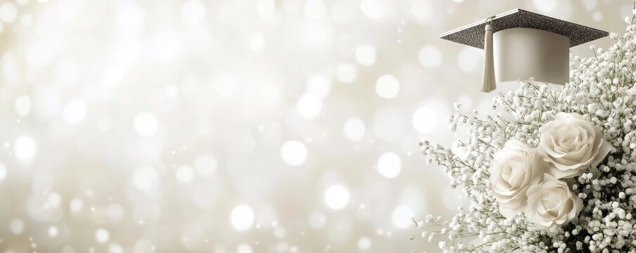 A graduation-themed image featuring a cap and white roses on a soft, bokeh background.