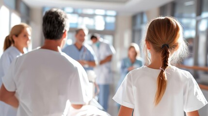 Fototapeta premium Several medical professionals, including doctors and nurses, are seen engaged in caregiving activities in a hospital corridor, indicating teamwork and healthcare dedication.