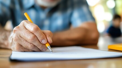 The hand of an elderly person holds a yellow pen, writing meticulously on paper in a classroom, showcasing attention to detail and the pursuit of knowledge.