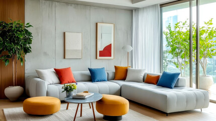 Fototapeta premium Loft and minimalist interior design of modern living room and sofa against concrete wall