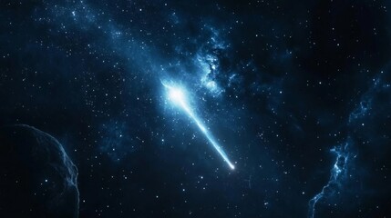 Fototapeta premium long tail of a comet shines brightly in deep space, piercing the starry sky generative ai