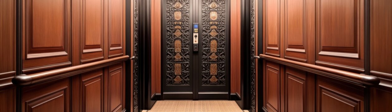Elegant wooden elevator interior featuring ornate doors, offering a luxurious and welcoming ambiance for passengers.