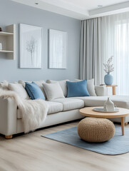 Fototapeta premium minimalist living room with light colored laminate and blue tone