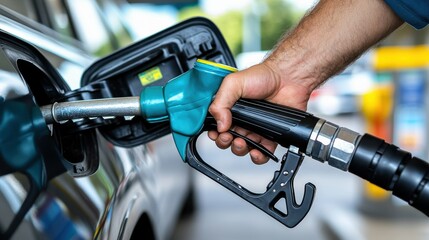 A detailed image of a person filling their car's gas tank with a turquoise nozzle, illustrating the everyday activity of refueling amidst modern life conveniences.