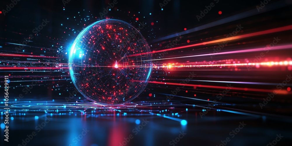 Aufkleber a glowing red and blue orb surrounded by light trails and dots in a dark futuristic setting.